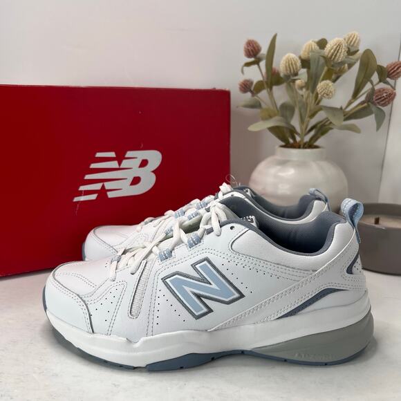 New Balance WX608V5 Faux Leather Sneakers White/Blue Women 8 Wide Tried On - Picture 3 of 10